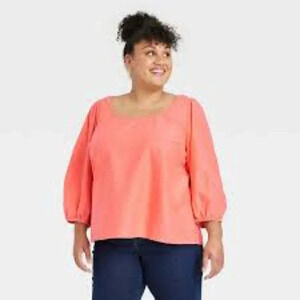 NWOT Ava & Viv Coral Balloon Puff 3/4 Length Sleeve Blouse in Size 1X